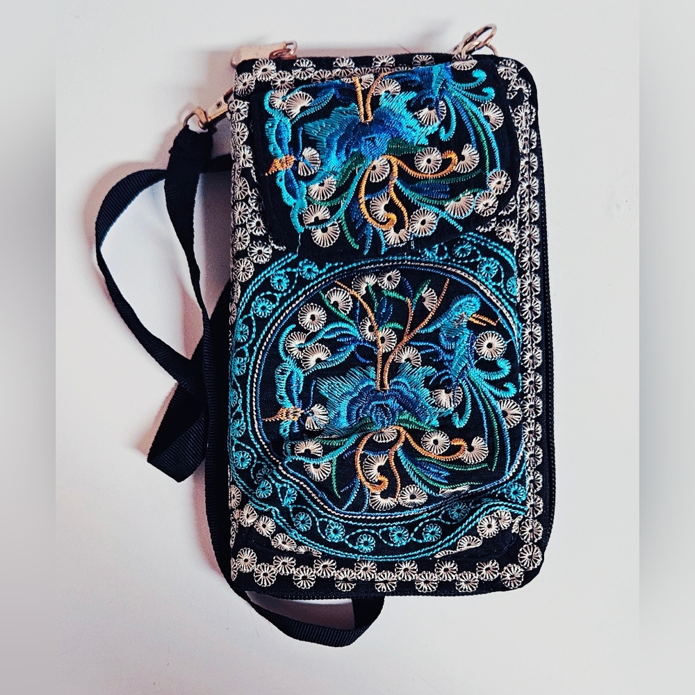 Embroidered Zip-Around Crossbody Wallet